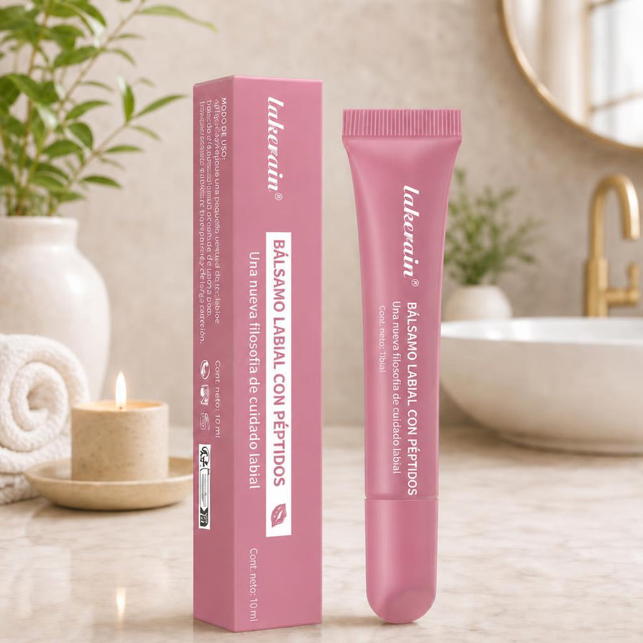Bálsamo labial con péptidos lakerain, tono rosa grisáceo, caja y tubo de 10 ml