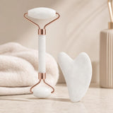 Set de rodillo facial y piedra gua sha, color blanco