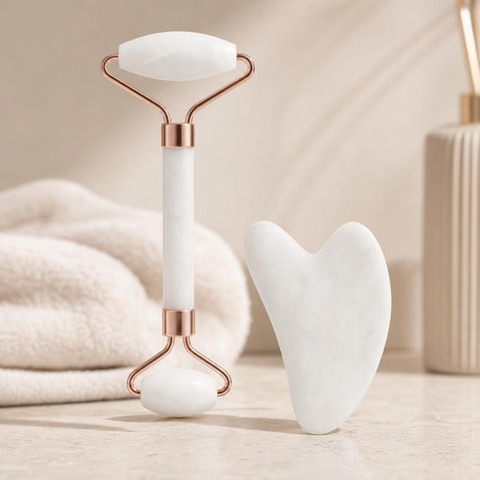 Set de rodillo facial y piedra gua sha, color blanco