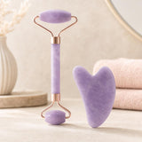 Set de rodillo facial y piedra gua sha, color morado