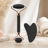 Set de rodillo facial y piedra gua sha, color negro