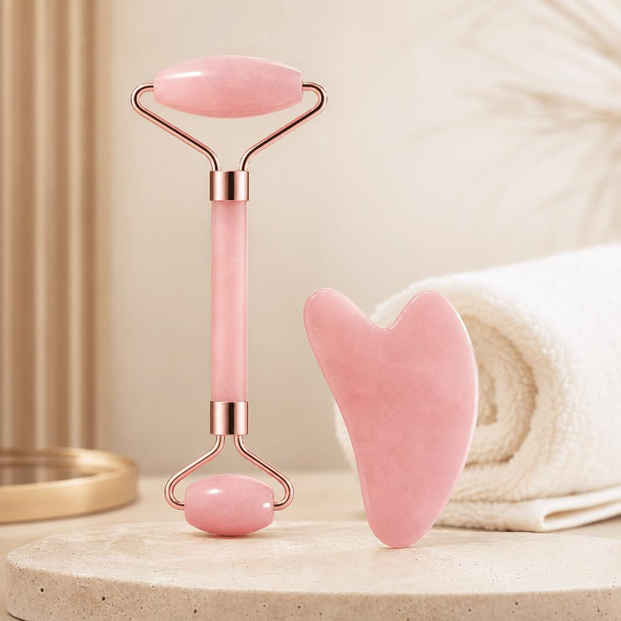 Set de rodillo facial y piedra gua sha, color rosa